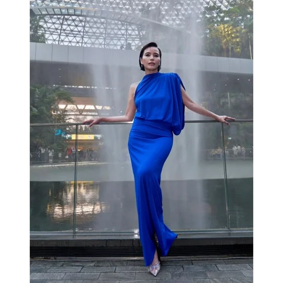 Zara Draped Cape Dress Maxi Blue NWT - Picture 7 of 16